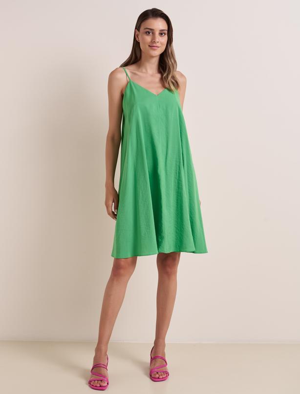 Bayan Yeşil Bol Kesim Askılı V Yaka Elbise