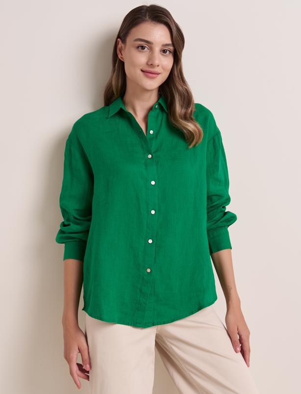 Bayan Yeşil Bol Kesim Uzun Kollu Keten Gömlek