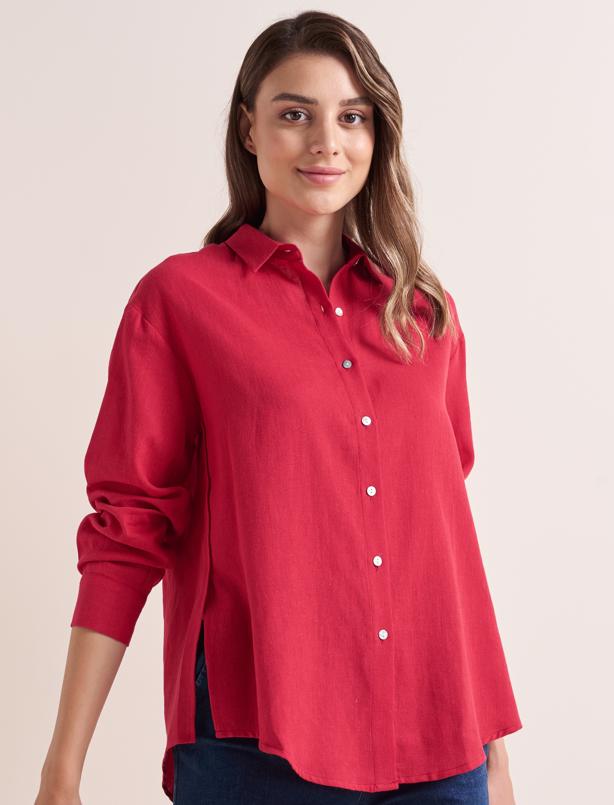 Bayan Kırmızı Düz Kesim Uzun Kollu Keten Gömlek