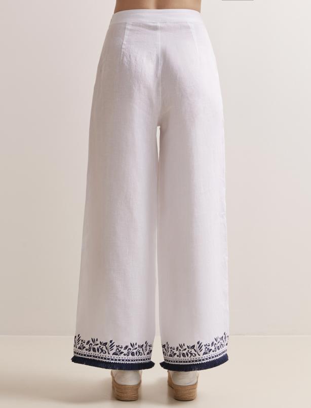 Bayan Beyaz Bol Kesim Yüksek Bel Bol Paça Keten Pantolon