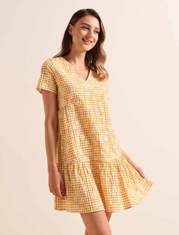 Bayan Sarı Düz Kesim Kısa Kollu V Yaka Ekose Desenli Elbise