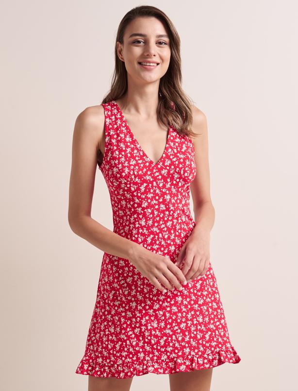 Bayan Kırmızı Düz Kesim V Yaka Kolsuz Çiçek Desenli Mini Elbise