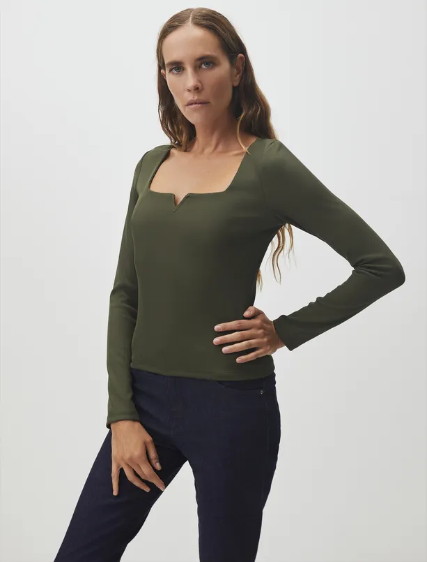 Bayan Yeşil Kare Yaka Uzun Kollu Şık Basic Bluz