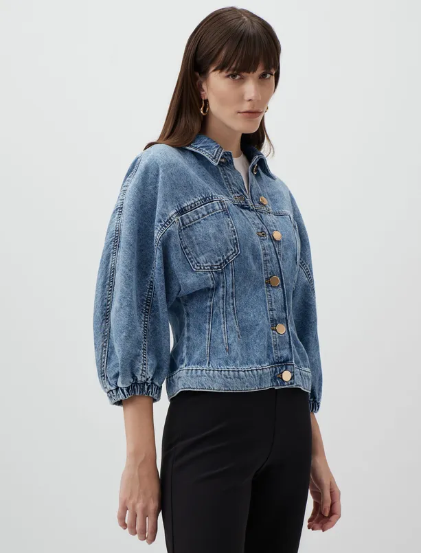 Bayan Mavi Uzun Kollu Denim Crop Ceket