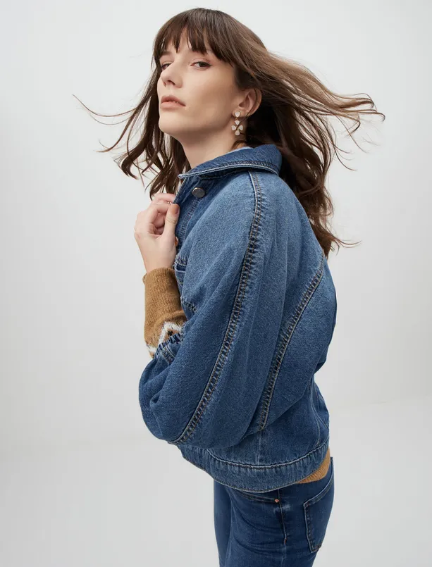 Bayan Mavi Uzun Kollu Denim Crop Ceket