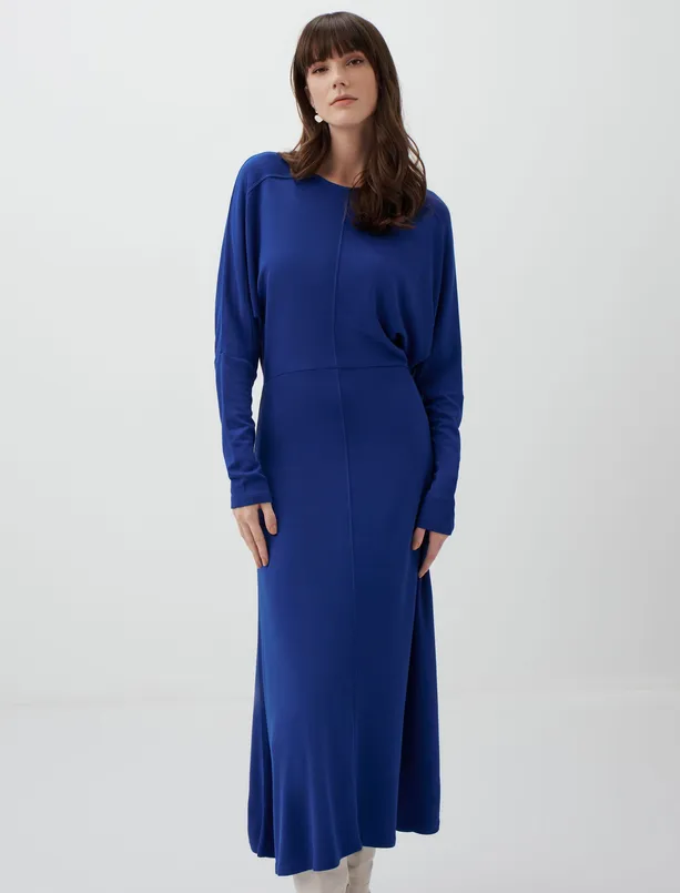 Bayan Mavi Uzun Kollu Şık Basic Midi Elbise