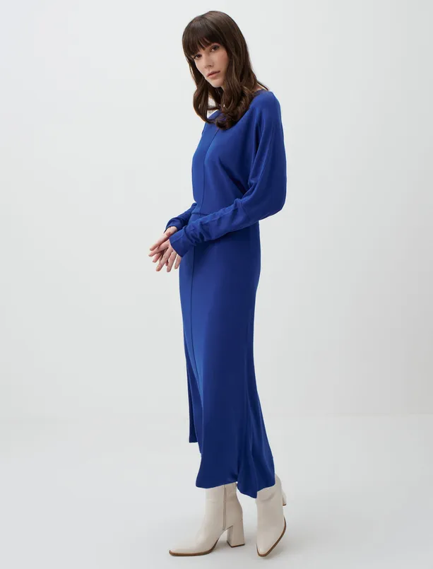 Bayan Mavi Uzun Kollu Şık Basic Midi Elbise