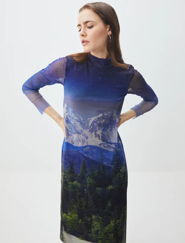 Bayan Karışık Balıkçı Yaka Desenli Mesh Midi Elbise