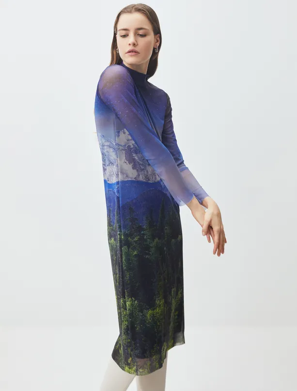 Bayan Karışık Balıkçı Yaka Desenli Mesh Midi Elbise