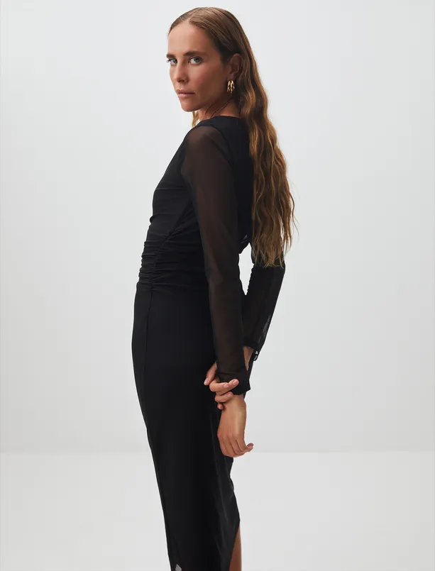 Bayan Siyah Sıfır Yaka Uzun Kollu Mesh Midi Şık Elbise