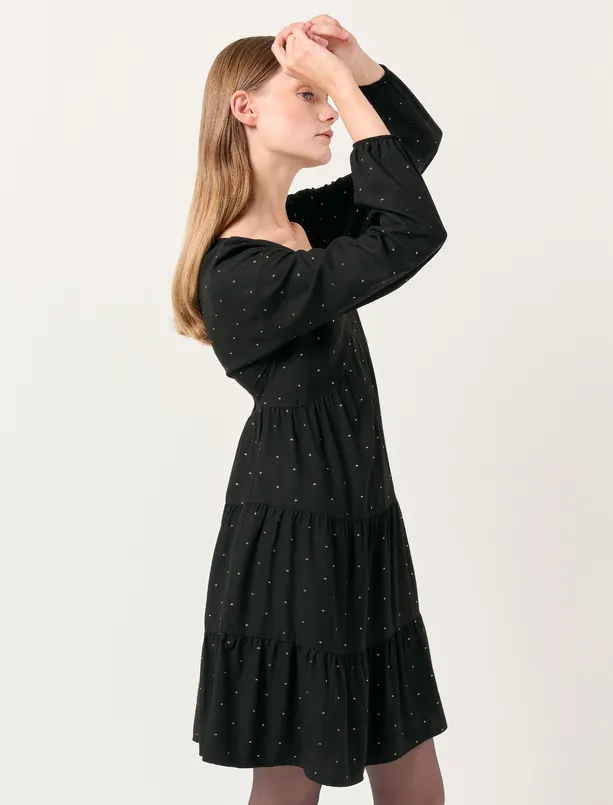 Bayan Siyah V Yaka Uzun Kollu Mini Dokuma Elbise