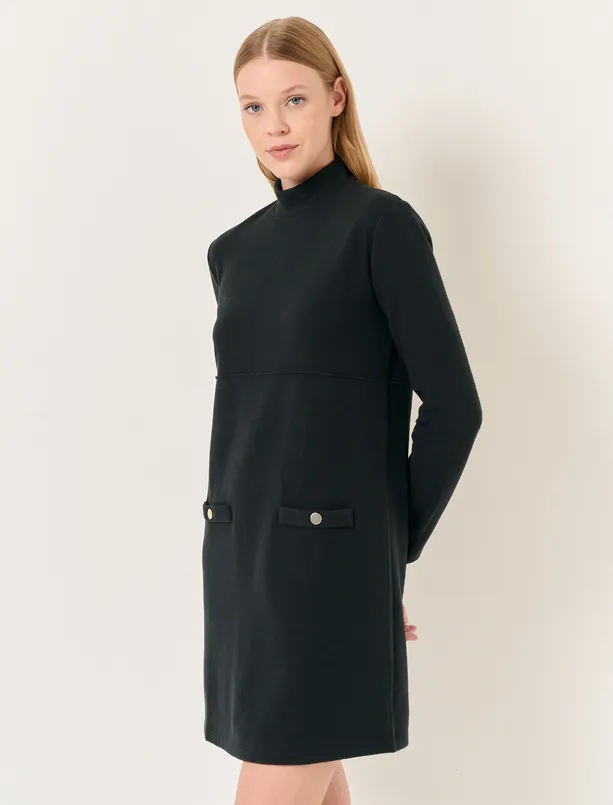 Bayan Siyah Balıkçı Yaka Uzun Kollu Fileto Cepli Mini Elbise