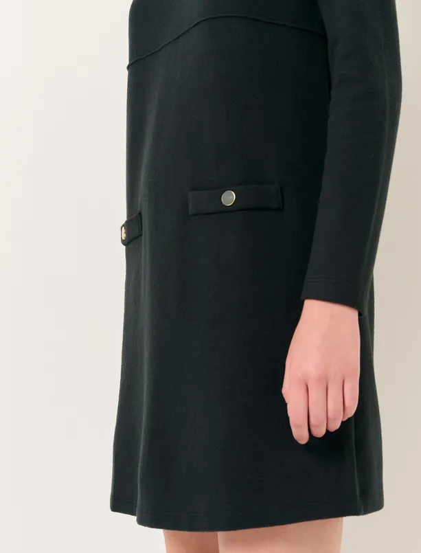 Bayan Siyah Balıkçı Yaka Uzun Kollu Fileto Cepli Mini Elbise