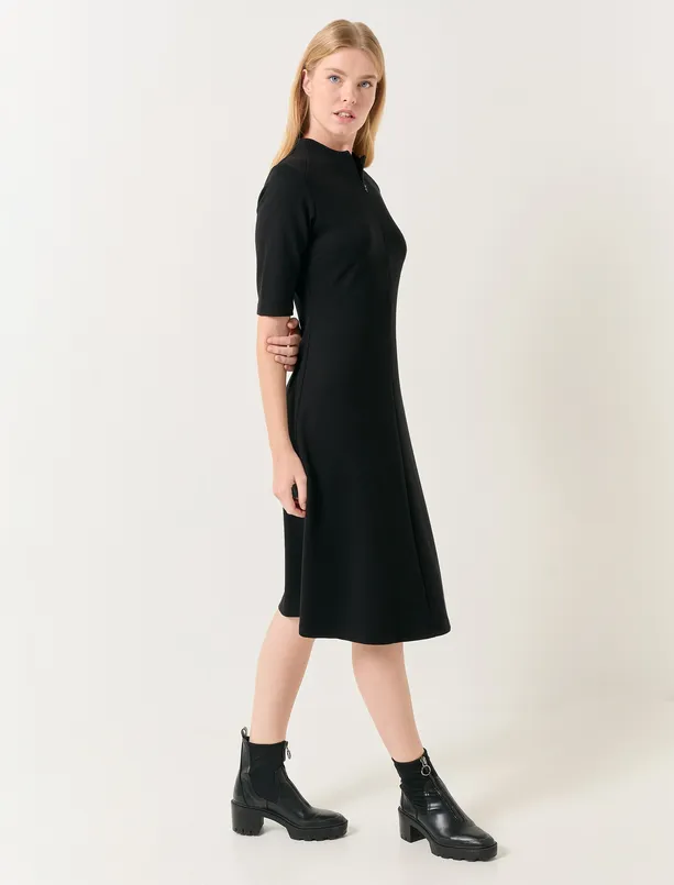 Bayan Siyah Sıfır Yaka Truvakar Kol Midi Elbise