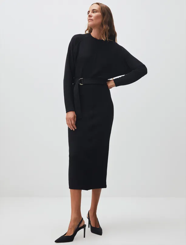 Bayan Siyah Uzun Kollu Kuşaklı Şık Midi Elbise