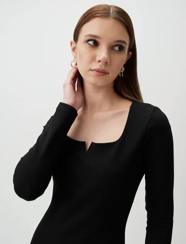 Bayan Siyah Kare Yaka Uzun Kollu Basic Maxi Elbise