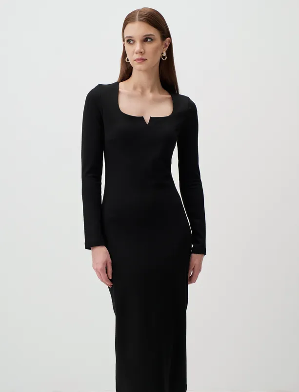 Bayan Siyah Kare Yaka Uzun Kollu Basic Maxi Elbise