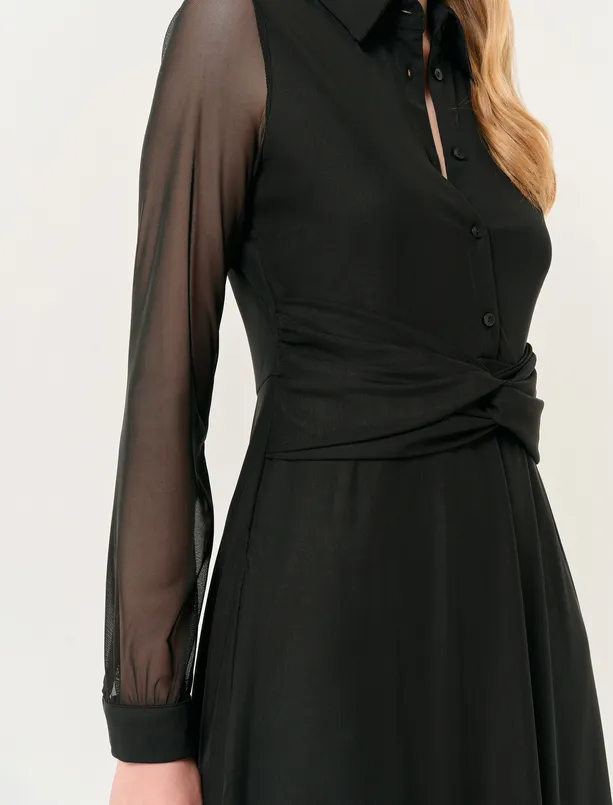 Bayan Siyah Polo Yaka Uzun Kollu Şık Midi Mesh Elbise