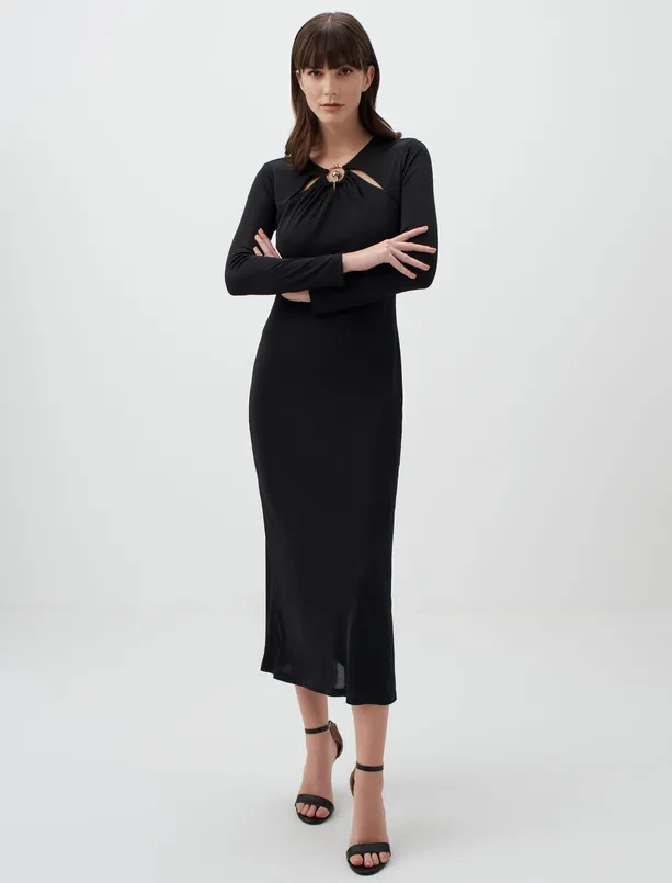 Bayan Siyah Pencere Detaylı Uzun Kollu Midi Elbise