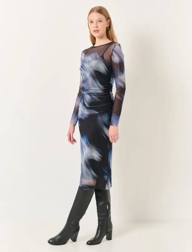 Bayan Siyah Uzun Kollu Sıfır Yaka Desenli Midi Mesh Elbise