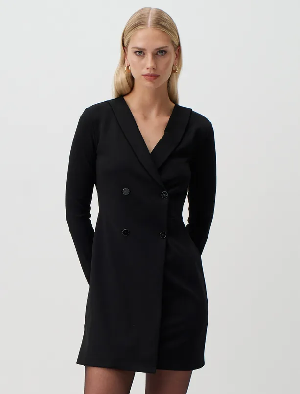 Bayan Siyah Kruvaze Yaka Düğmeli Mini Ceket Elbise