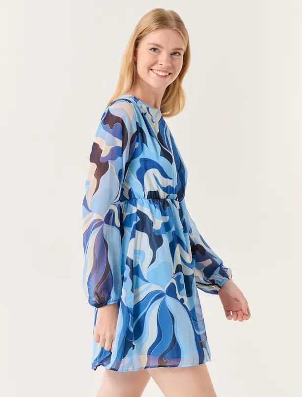 Bayan Mavi Uzun Kollu Desenli Şifon Mini Elbise