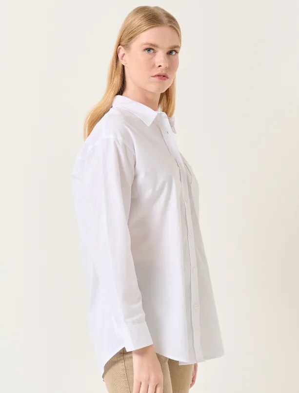 Bayan Beyaz Düz Kesim Uzun Kollu Dokuma Gömlek