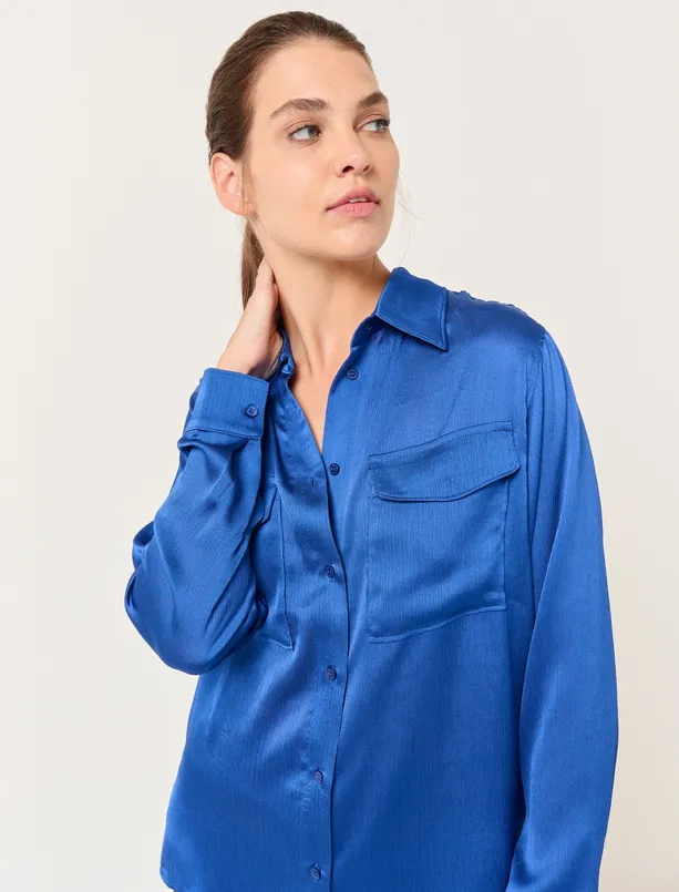 Bayan Mavi Uzun Kollu Parlak Cepli Gömlek