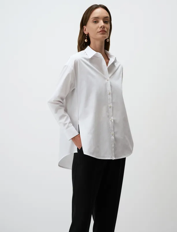 Bayan Beyaz Uzun Kollu Basic Pamuklu Poplin Gömlek