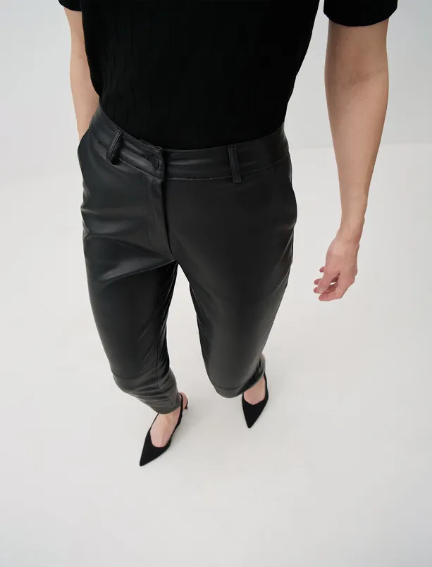 Bayan Siyah Yüksek Bel Dar Paça Deri Pantolon