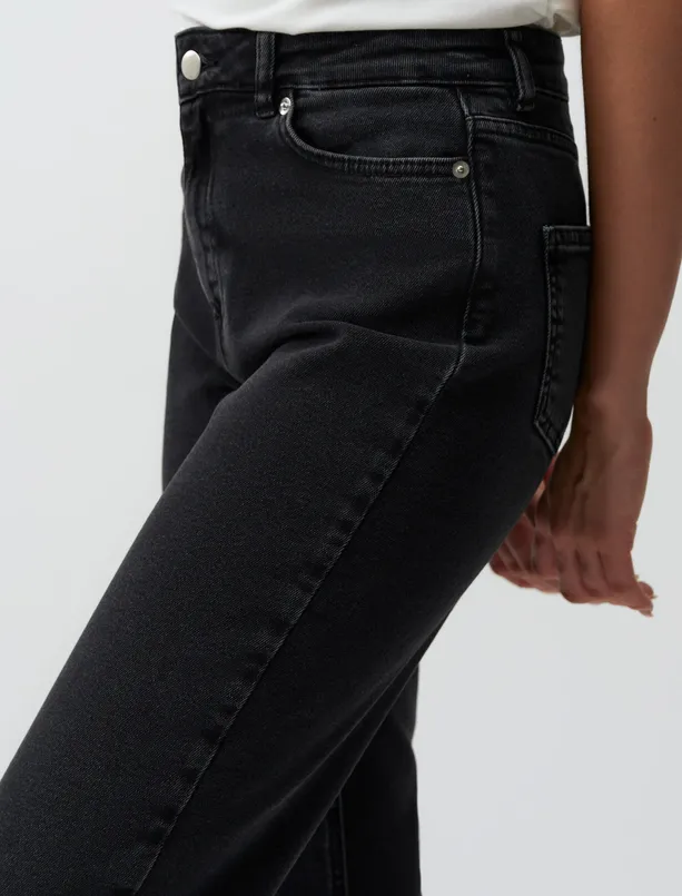 Bayan Siyah Bol Kesim Yüksek Bel Jean Pantolon