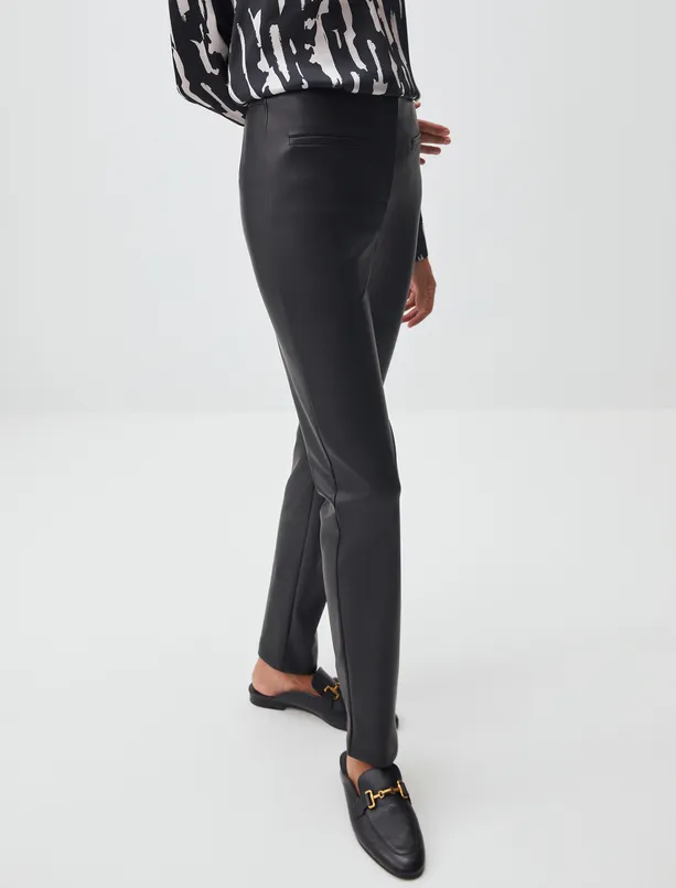 Bayan Siyah Dar Kesim Yüksek Bel Deri Pantolon