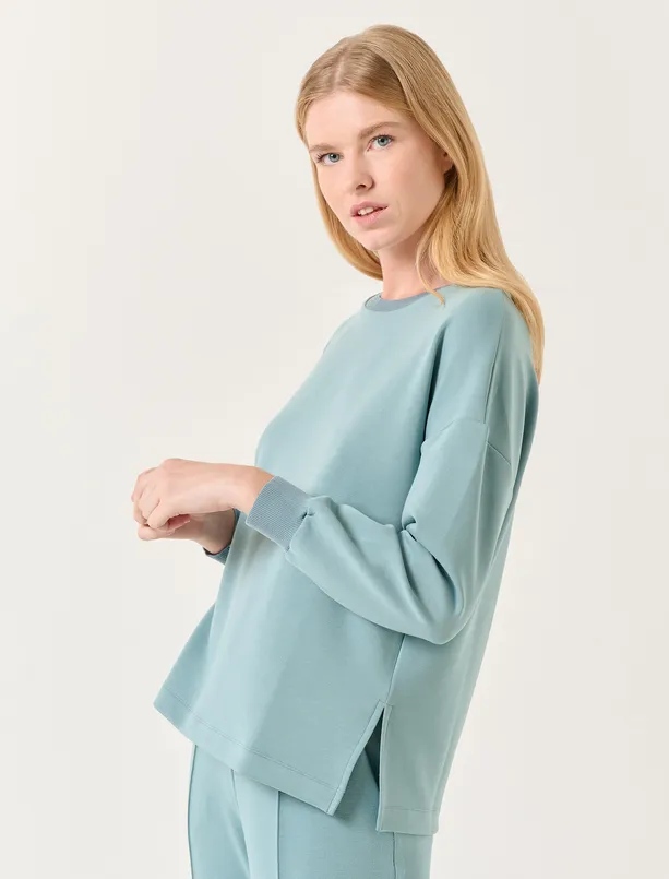 Bayan Mavi Bisiklet Yaka Uzun Kollu Oversize Sweatshirt
