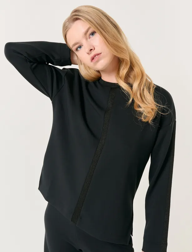 Bayan Siyah Uzun Kollu Parıltı Şeritli Sweatshirt