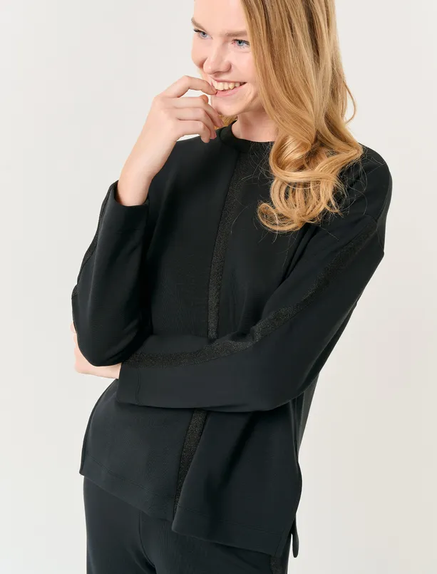 Bayan Siyah Uzun Kollu Parıltı Şeritli Sweatshirt