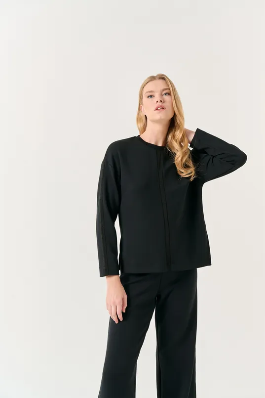 Bayan Siyah Uzun Kollu Parıltı Şeritli Sweatshirt