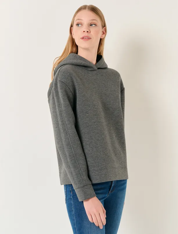 Bayan Antrasit Melanj Uzun Kollu Kapüşonlu Basic Sweatshirt