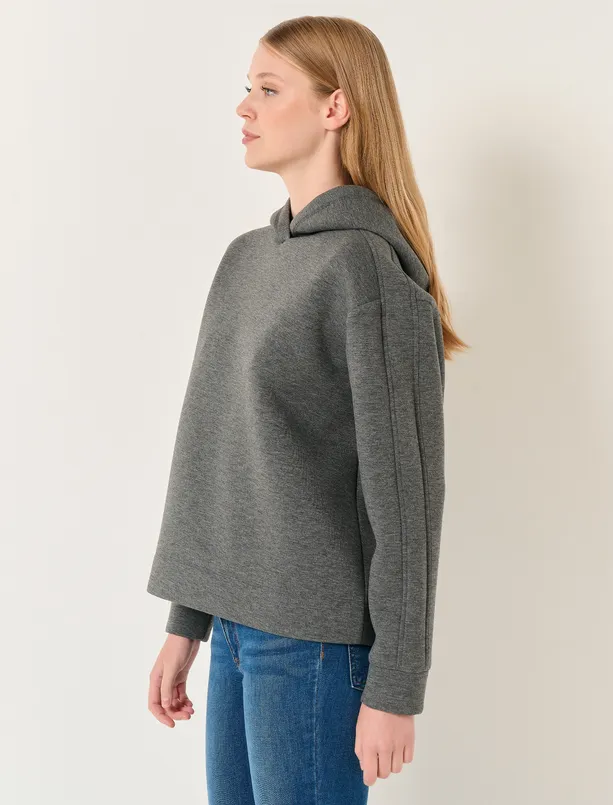 Bayan Antrasit Melanj Uzun Kollu Kapüşonlu Basic Sweatshirt