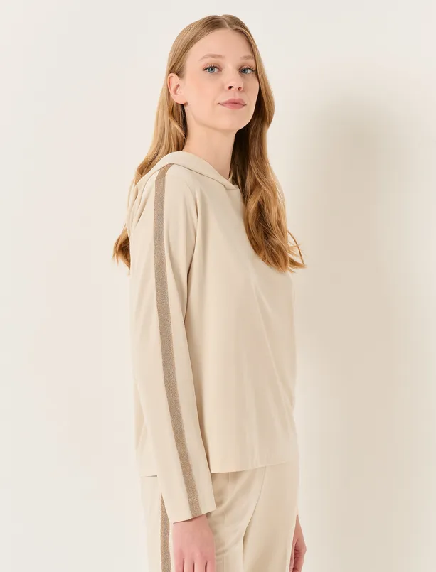 Bayan Bej Kapüşonlu Şerit Detaylı Rahat Sweatshirt