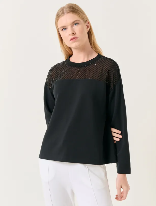 Bayan Siyah Uzun Kollu Şık Yaka Detaylı Sweatshirt