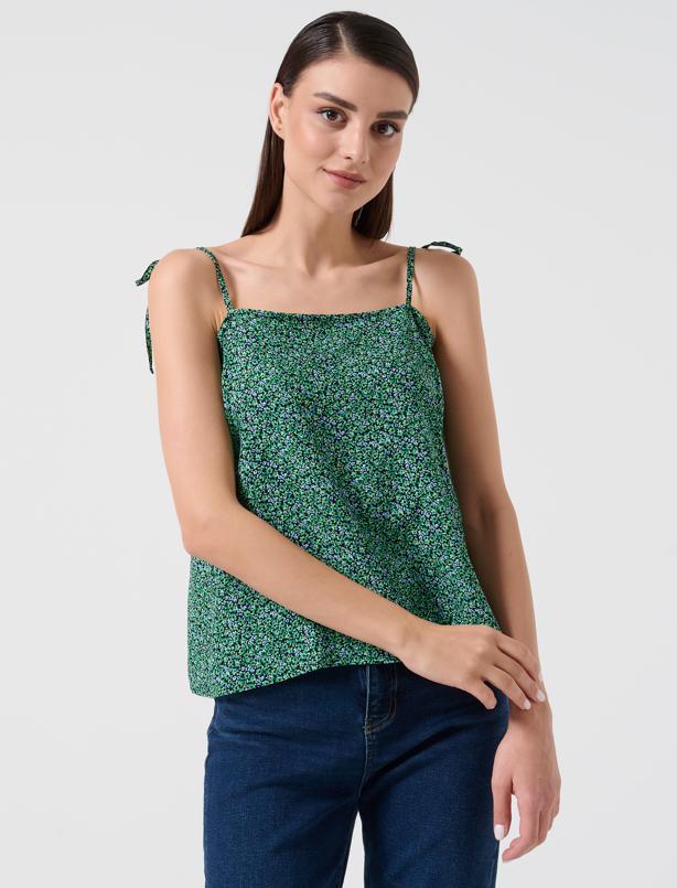 Bayan Yeşil Bol Kesim Açık Yaka İp Askılı Çiçek Desenli Bluz