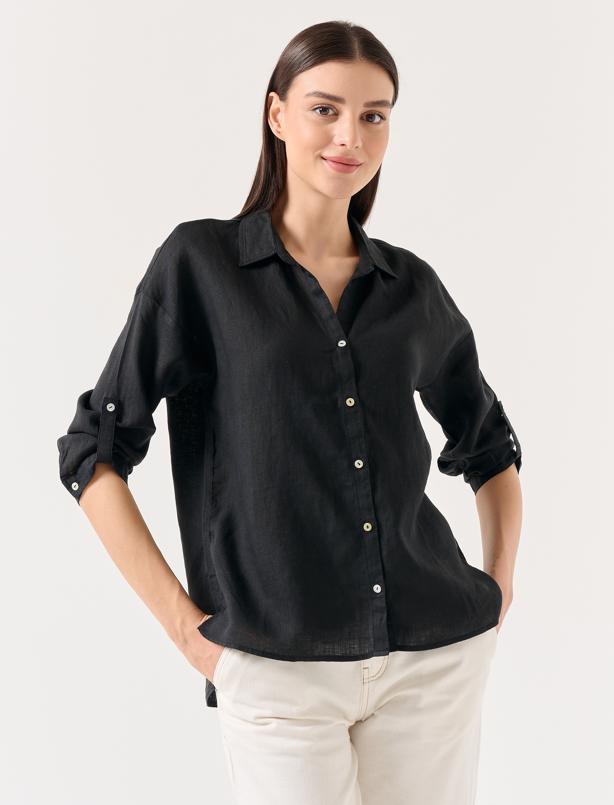 Bayan Siyah Düz Kesim Gömlek Yaka Uzun Kollu Basic Keten Gömlek