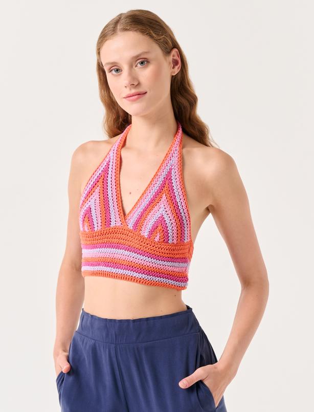 Bayan  Boyundan Bağlamalı Desenli Triko Crop Top