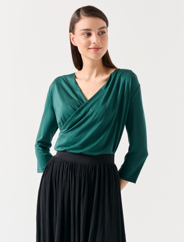 Bayan Koyu Yeşil Düz Kesim Degaje Yaka Uzun Kollu Örme Bluz
