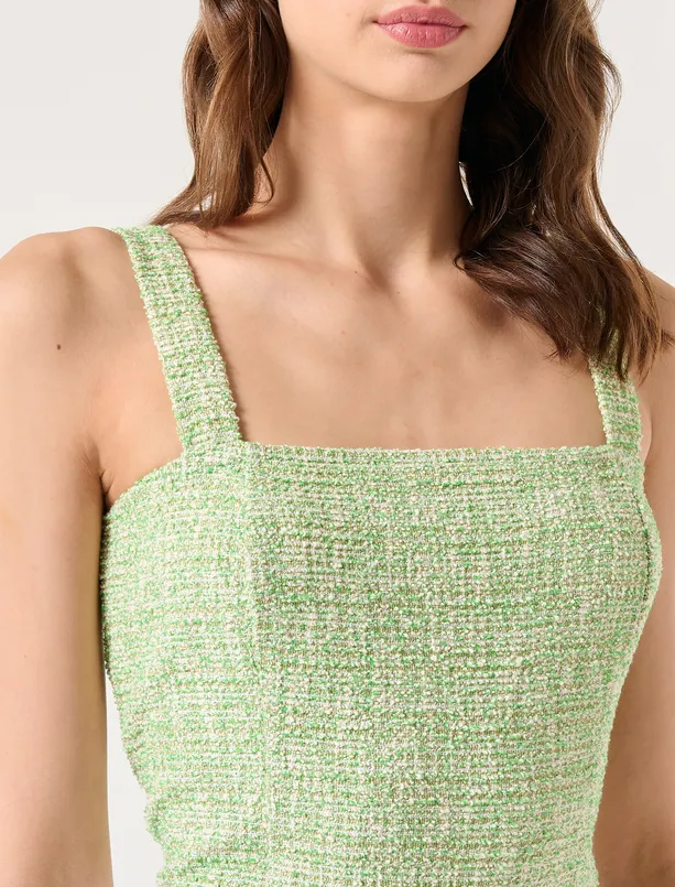 Bayan Yeşil Kalın Askılı Açık Yaka Örme Tüvit Bluz