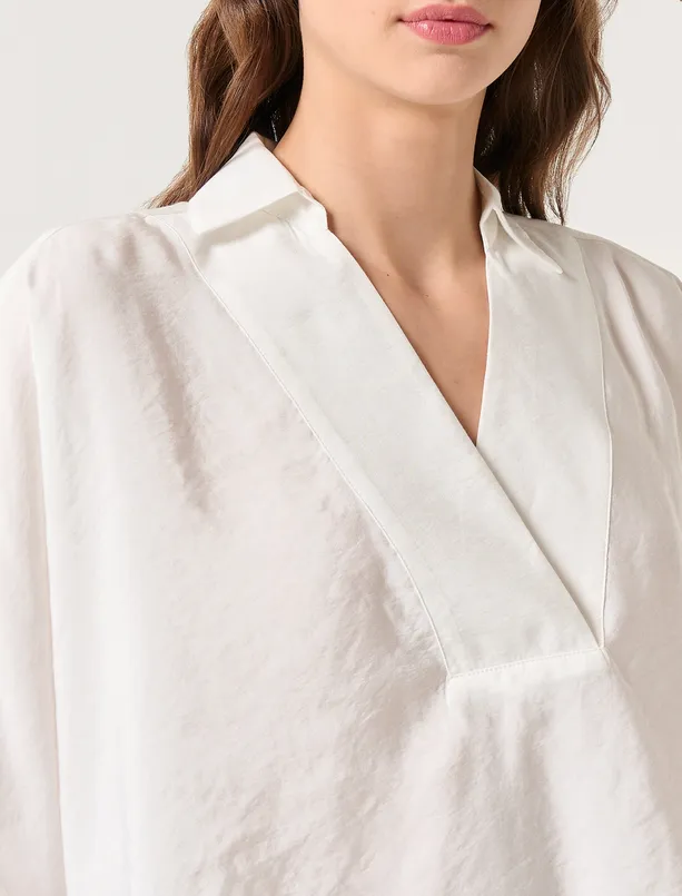 Bayan Beyaz Bol Kesim Gömlek Yaka Truvakar Kol Bluz