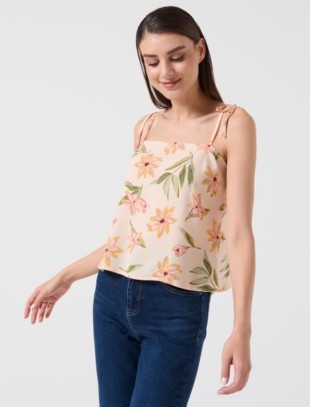 Bayan Ekru Bol Kesim Açık Yaka Askılı Çiçek Desenli Bluz