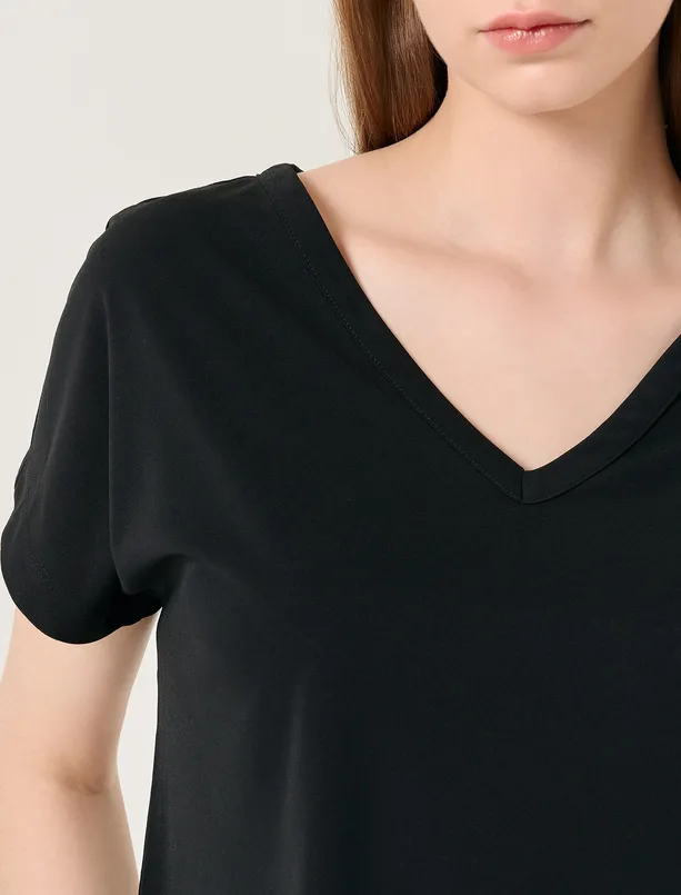 Women Black V Neck Short Sleeve Straight Blouse