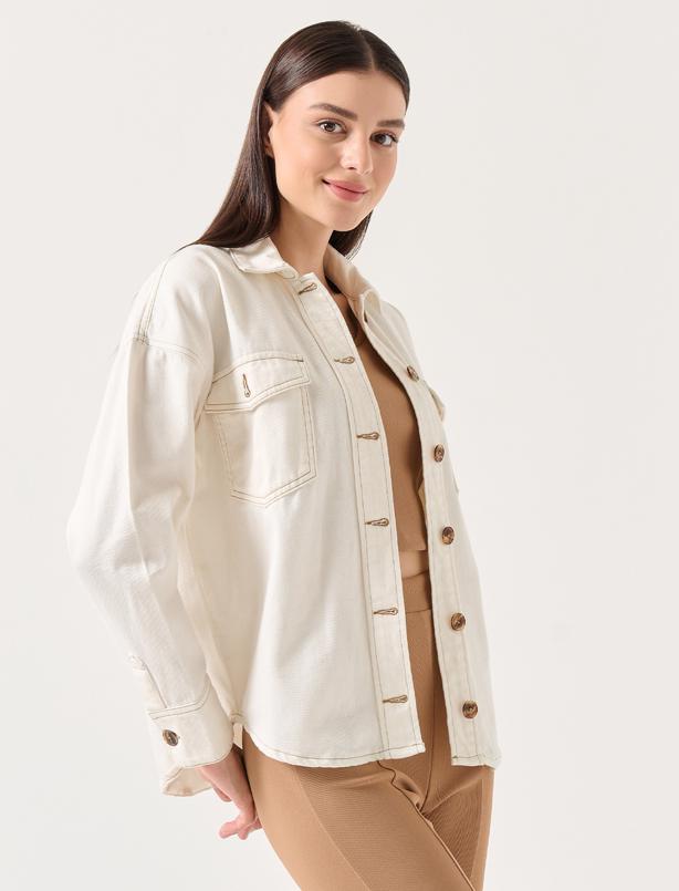 Bayan Ekru Bol Kesim Dik Yaka Uzun Kollu Düğmeli Denim Ceket