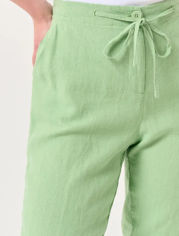 Bayan Koyu Yağ Yeşili Normal Paça Normal Bel Dokuma Keten Pantolon
